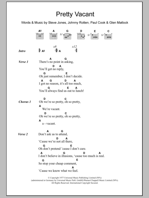 The Sex Pistols Pretty Vacant sheet music notes and chords. Download Printable PDF.