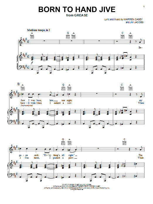 Learn to play Sha Na Na Born To Hand Jive (from Grease) sheet music for Piano, Vocal & Guitar Chords (Right-Hand Melody) in minutes. Price: 7.8900$ Sha Na Na Born To Hand Jive (from Grease) sheet music notes and chords arranged for Piano, Vocal & Guitar Chords (Right-Hand Melody)