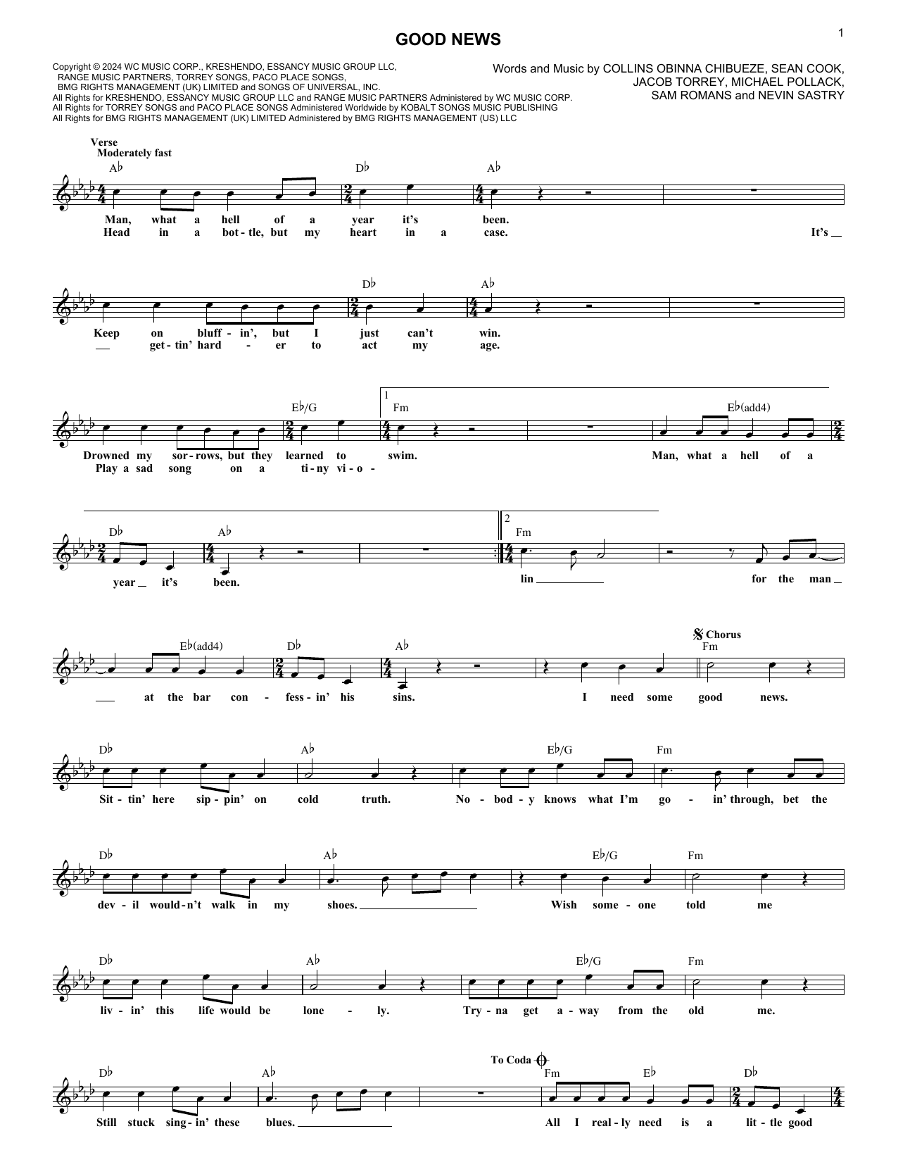 Learn to play Shaboozey Good News sheet music for Lead Sheet / Fake Book in minutes. Price: 5.9900$ Shaboozey Good News sheet music notes and chords arranged for Lead Sheet / Fake Book