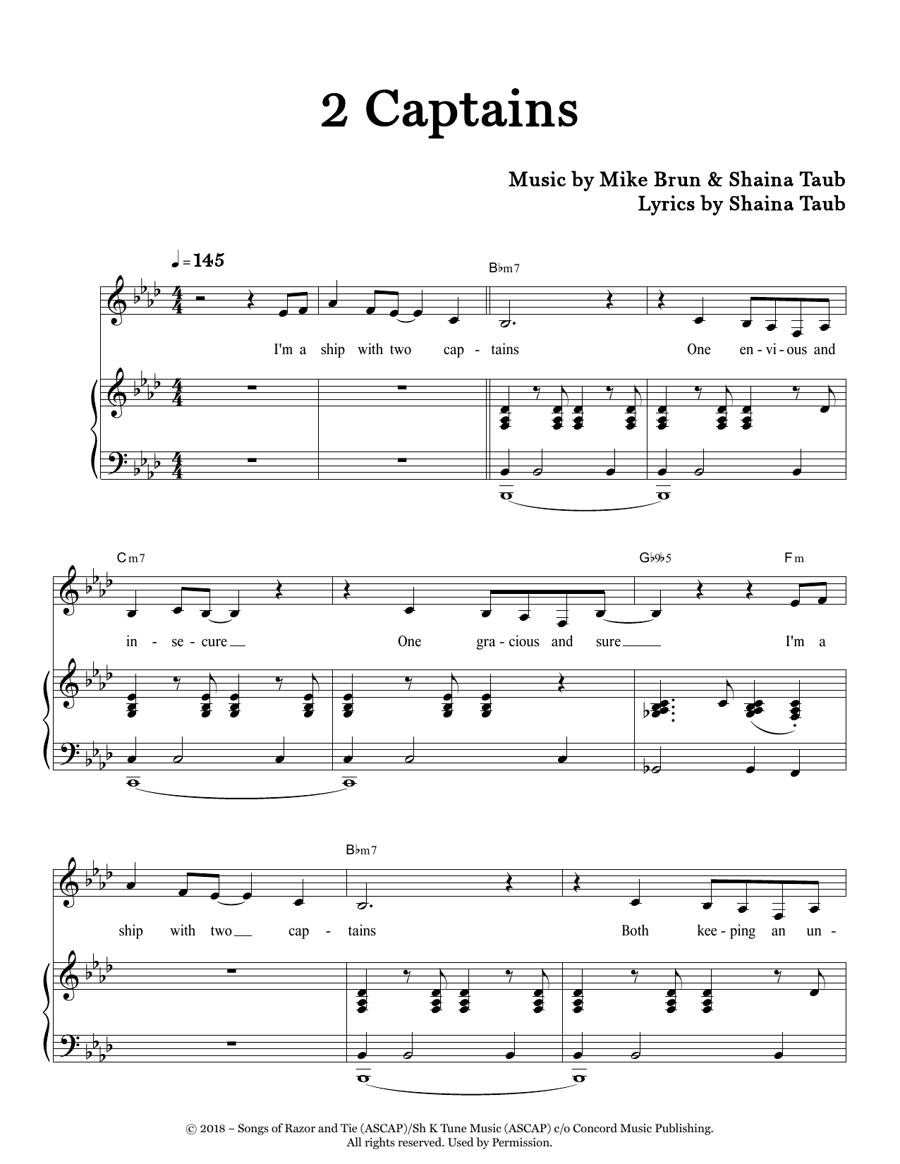 Learn to play Shaina Taub 2 Captains sheet music for Piano & Vocal in minutes. Price: 7.8900$ Shaina Taub 2 Captains sheet music notes and chords arranged for Piano & Vocal