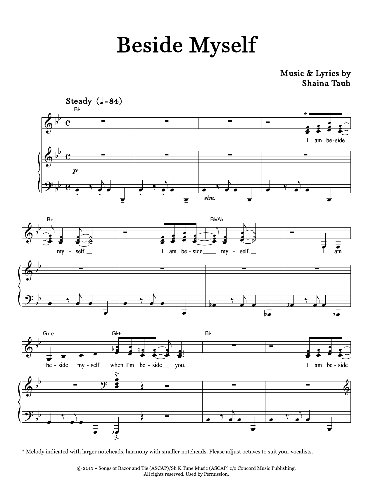 Learn to play Shaina Taub Trio Beside Myself sheet music for Piano & Vocal in minutes. Price: 7.8900$ Shaina Taub Trio Beside Myself sheet music notes and chords arranged for Piano & Vocal