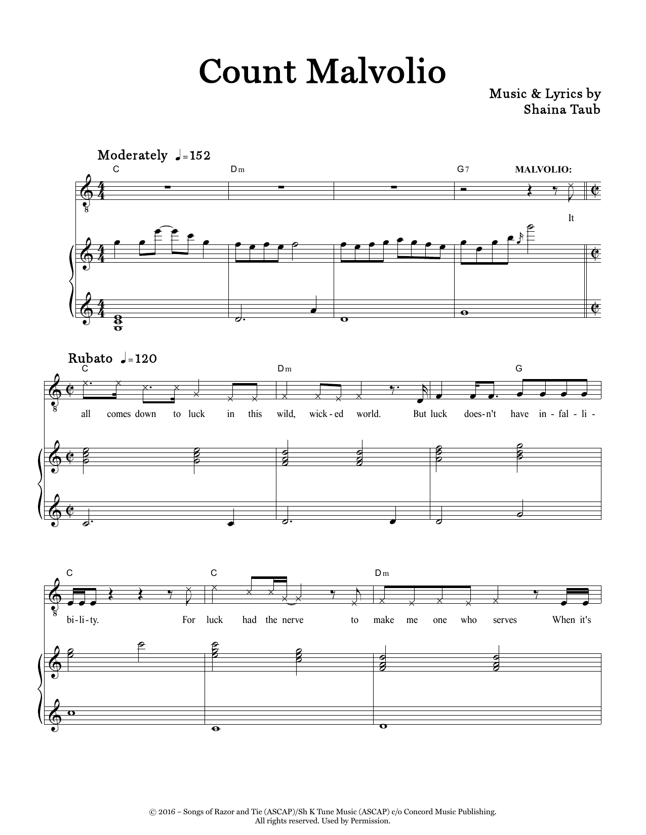 Shaina Taub Count Malvolio (from Twelfth Night) sheet music notes and chords. Download Printable PDF.