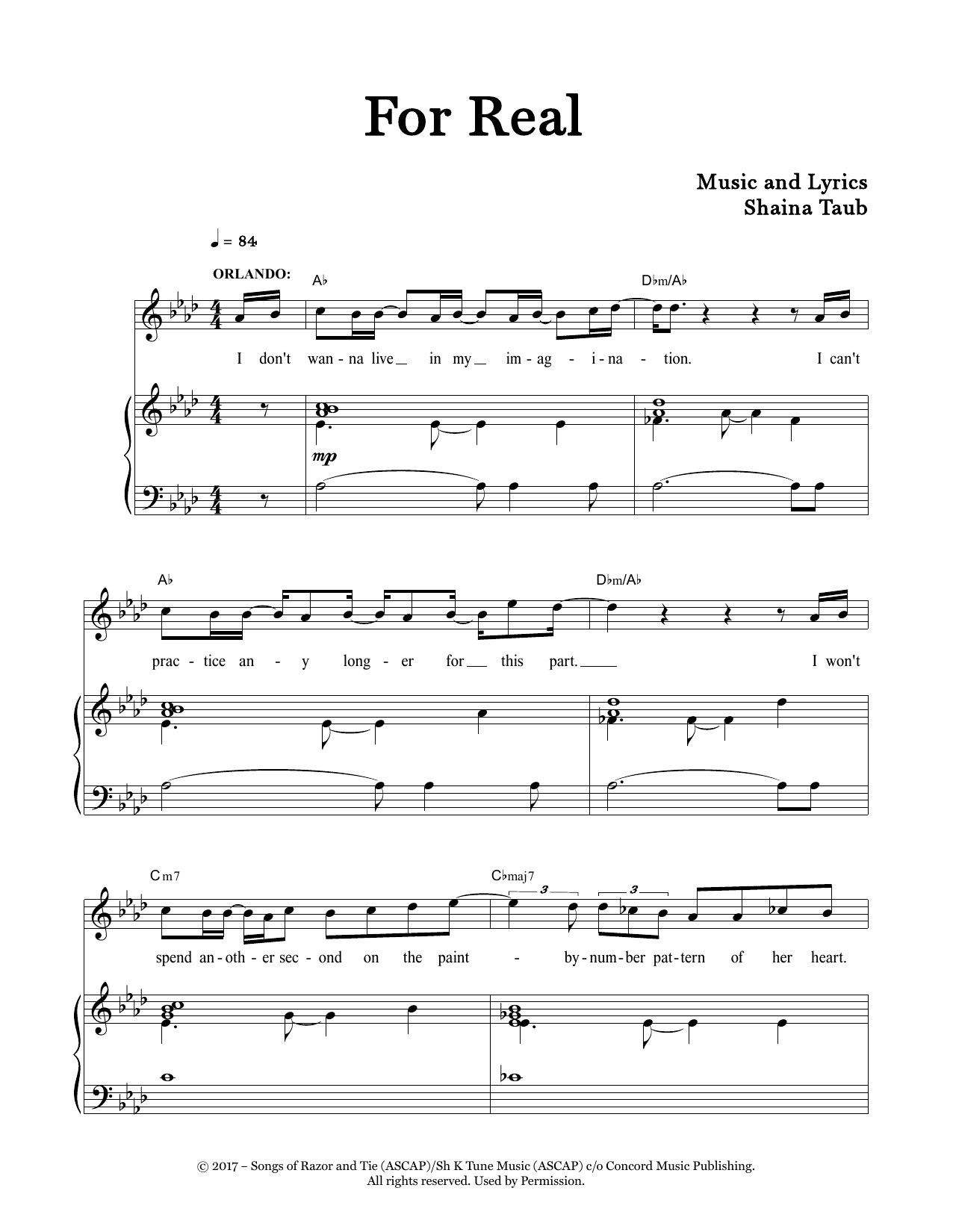 Learn to play Shaina Taub For Real (from As You Like It) sheet music for Piano & Vocal in minutes. Price: 7.8900$ Shaina Taub For Real (from As You Like It) sheet music notes and chords arranged for Piano & Vocal