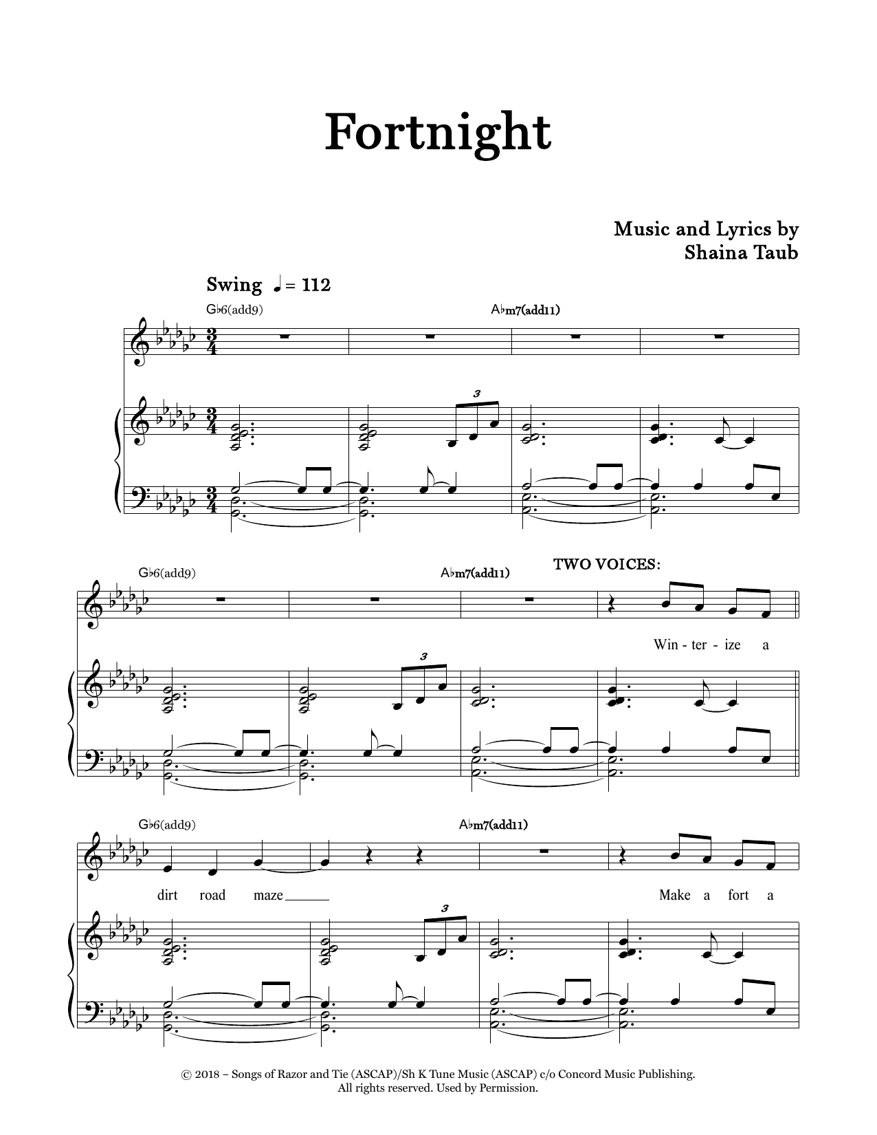 Learn to play Shaina Taub Fortnight sheet music for Piano & Vocal in minutes. Price: 7.8900$ Shaina Taub Fortnight sheet music notes and chords arranged for Piano & Vocal