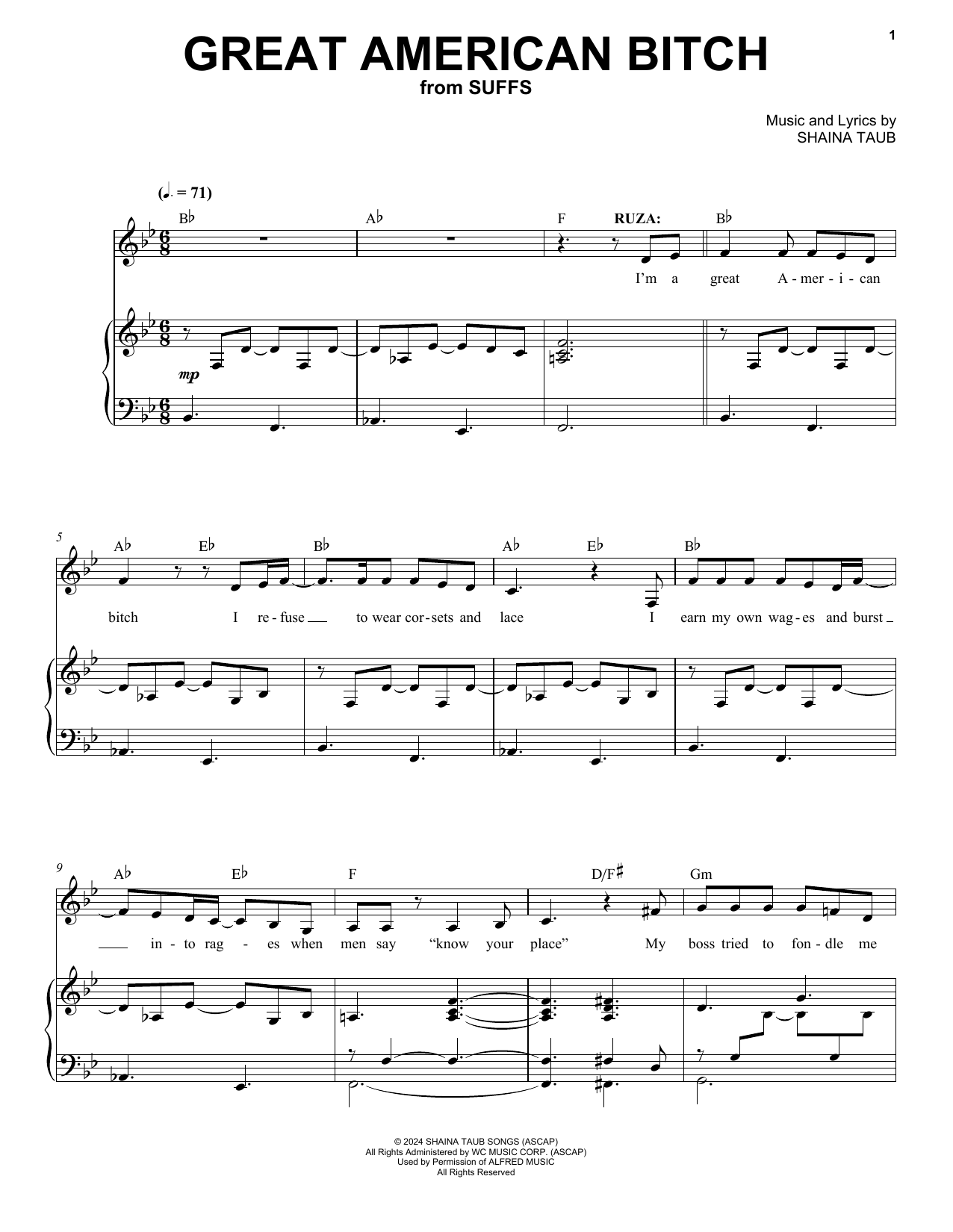 Shaina Taub Great American Bitch (from Suffs) sheet music notes and chords. Download Printable PDF.