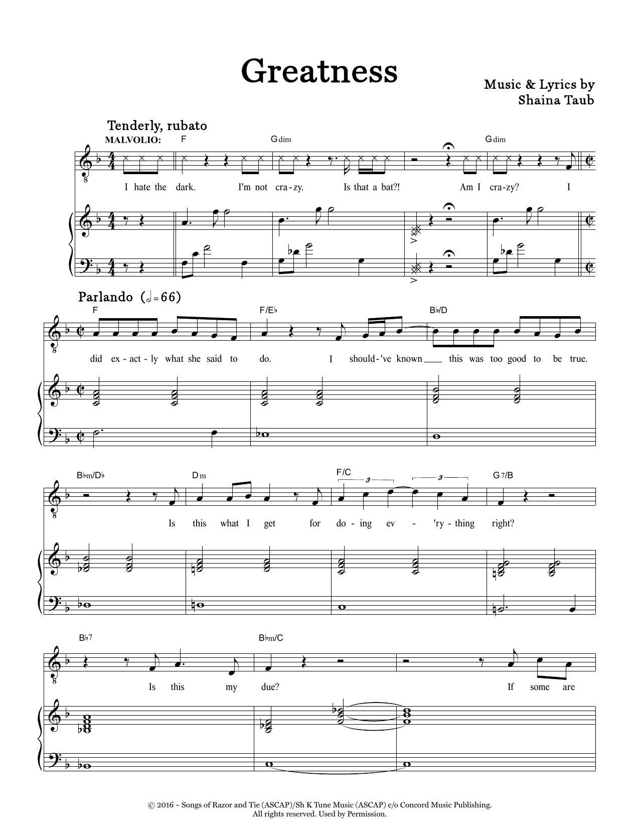 Shaina Taub Greatness (from Twelfth Night) sheet music notes and chords. Download Printable PDF.