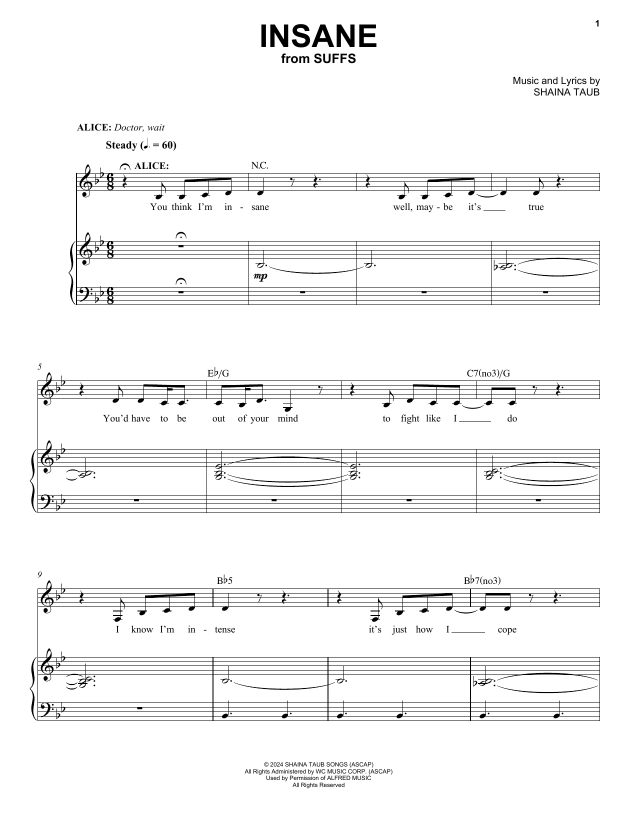 Shaina Taub Insane (from Suffs) sheet music notes and chords. Download Printable PDF.