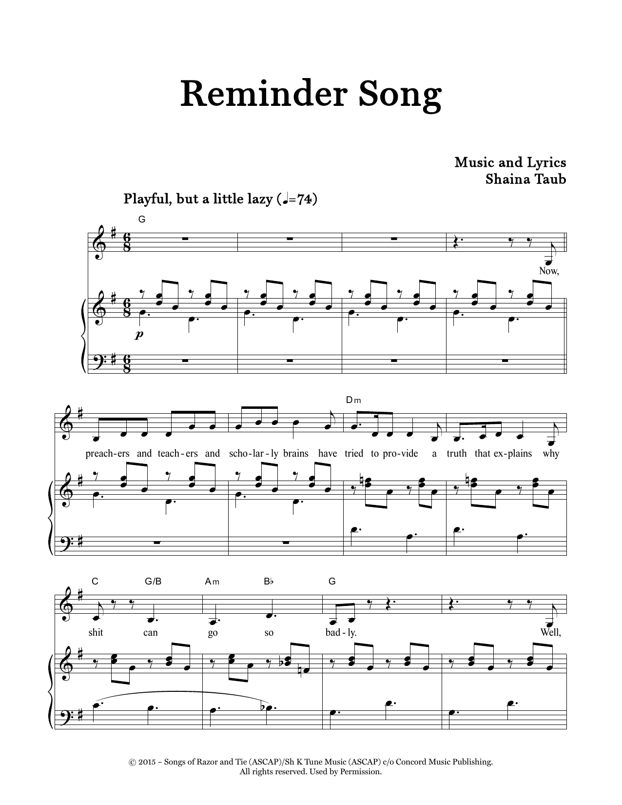 Shaina Taub Reminder Song sheet music notes and chords arranged for Piano & Vocal