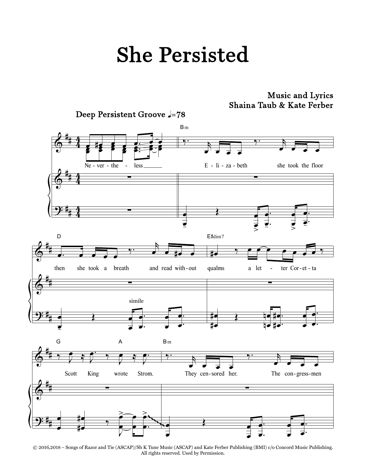Learn to play Shaina Taub She Persisted (feat. Kate Ferber) sheet music for Piano & Vocal in minutes. Price: 7.8900$ Shaina Taub She Persisted (feat. Kate Ferber) sheet music notes and chords arranged for Piano & Vocal