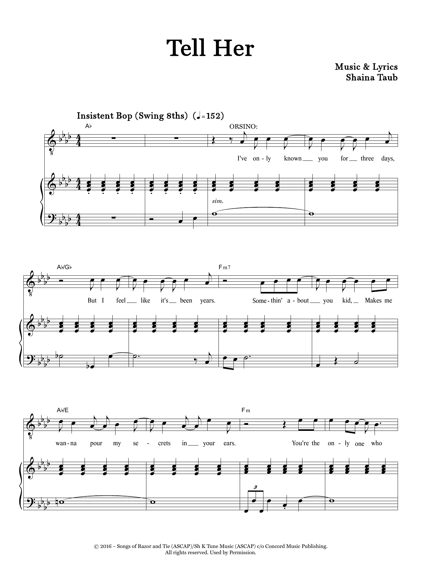 Shaina Taub Tell Her (from Twelfth Night) sheet music notes and chords. Download Printable PDF.