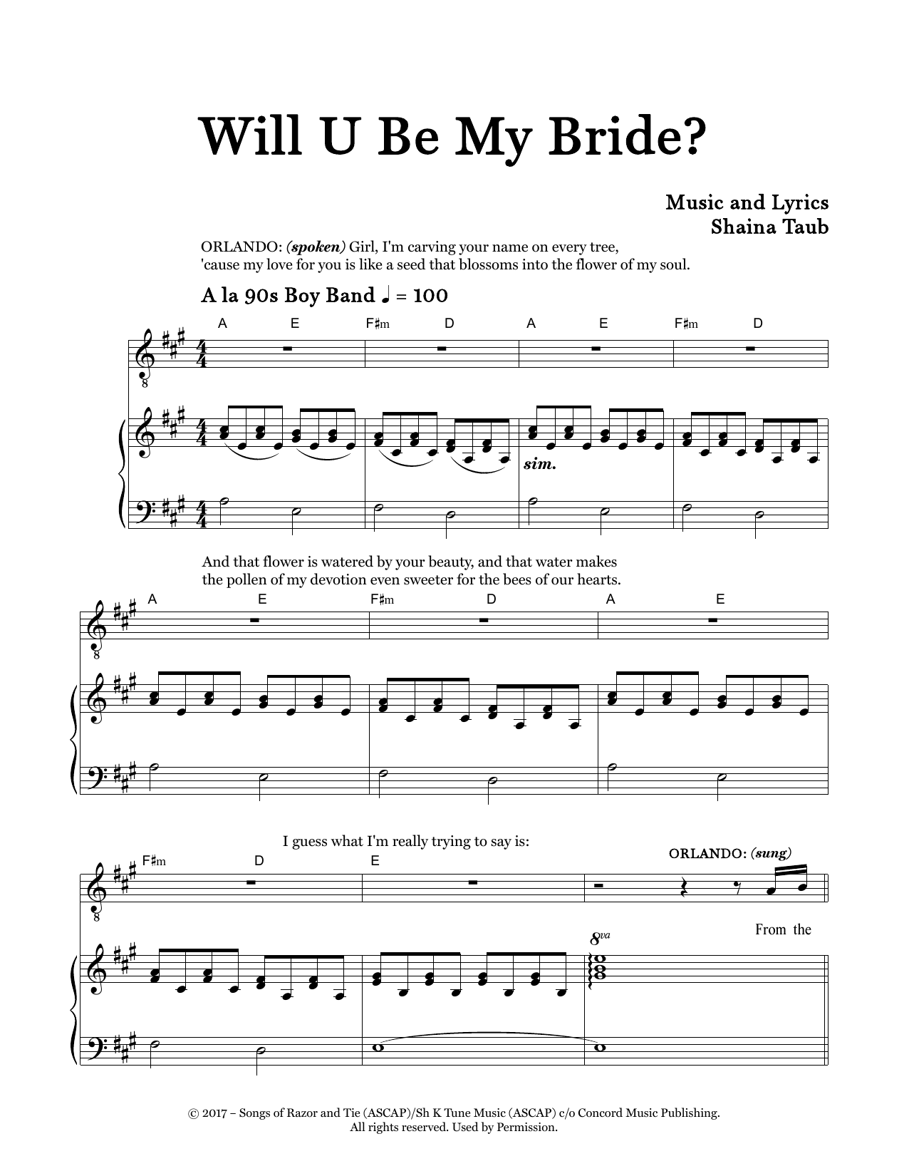 Learn to play Shaina Taub Will U Be My Bride? (from As You Like It) sheet music for Piano & Vocal in minutes. Price: 7.8900$ Shaina Taub Will U Be My Bride? (from As You Like It) sheet music notes and chords arranged for Piano & Vocal