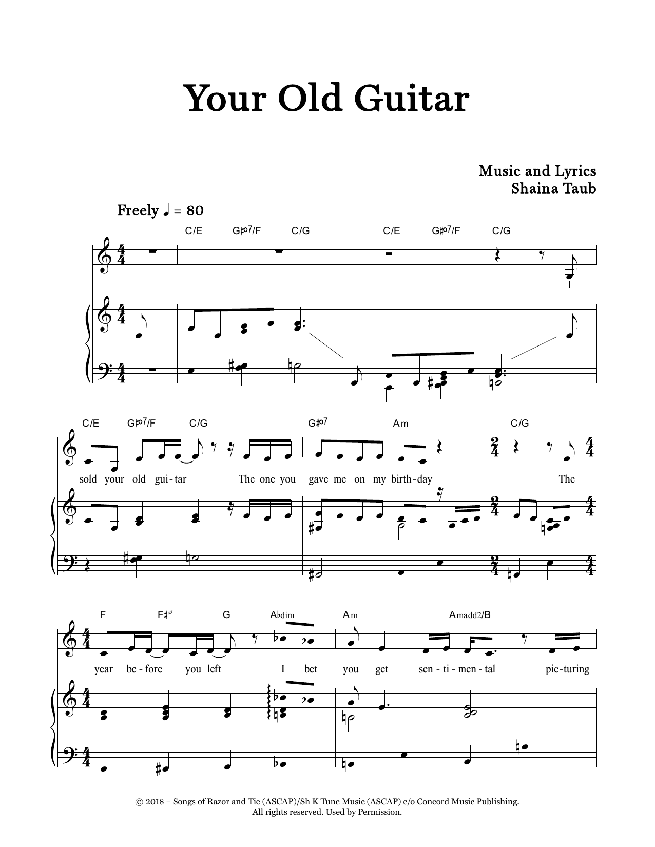 Learn to play Shaina Taub Your Old Guitar sheet music for Piano & Vocal in minutes. Price: 7.8900$ Shaina Taub Your Old Guitar sheet music notes and chords arranged for Piano & Vocal