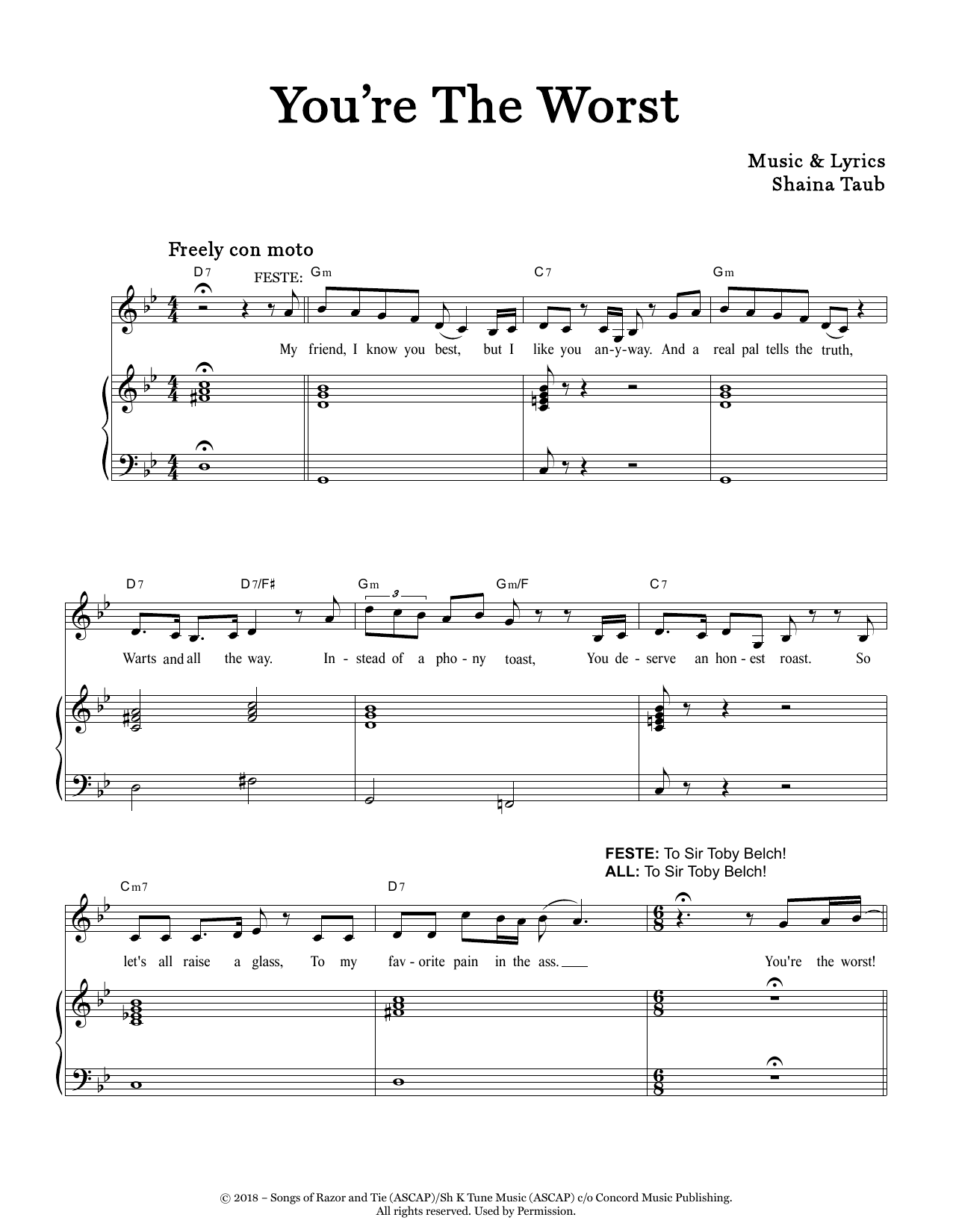 Learn to play Shaina Taub You're The Worst (from Twelfth Night) sheet music for Piano & Vocal in minutes. Price: 7.8900$ Shaina Taub You're The Worst (from Twelfth Night) sheet music notes and chords arranged for Piano & Vocal