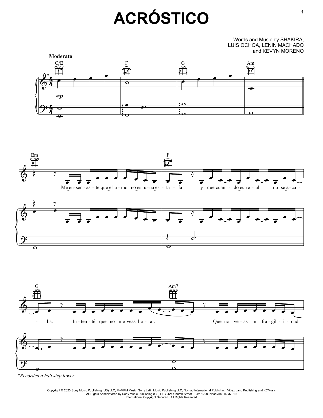 Shakira Acróstico sheet music notes and chords. Download Printable PDF.