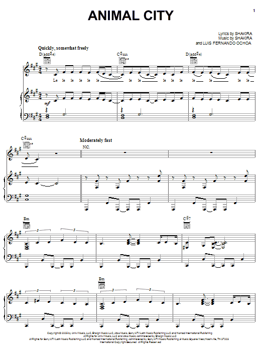 Learn to play Shakira Animal City sheet music for Piano, Vocal & Guitar Chords (Right-Hand Melody) in minutes. Price: 7.8900$ Shakira Animal City sheet music notes and chords arranged for Piano, Vocal & Guitar Chords (Right-Hand Melody)
