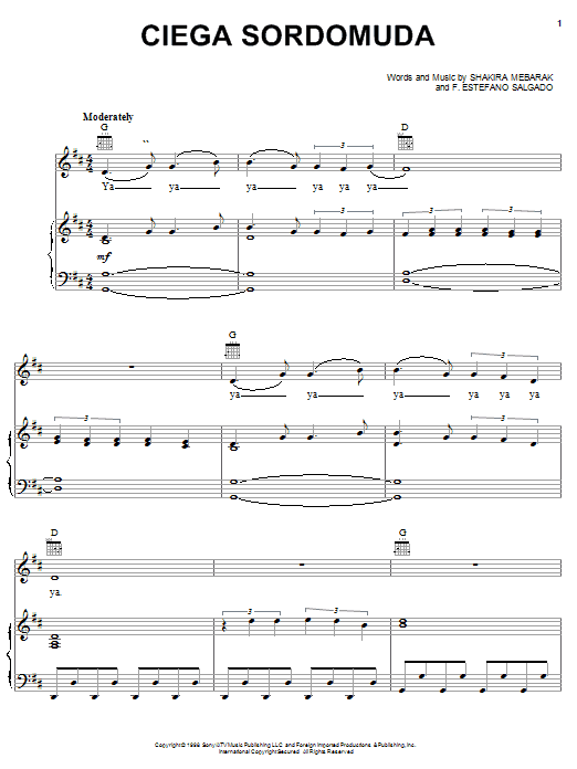 Shakira Ciega Sordomuda sheet music notes and chords. Download Printable PDF.