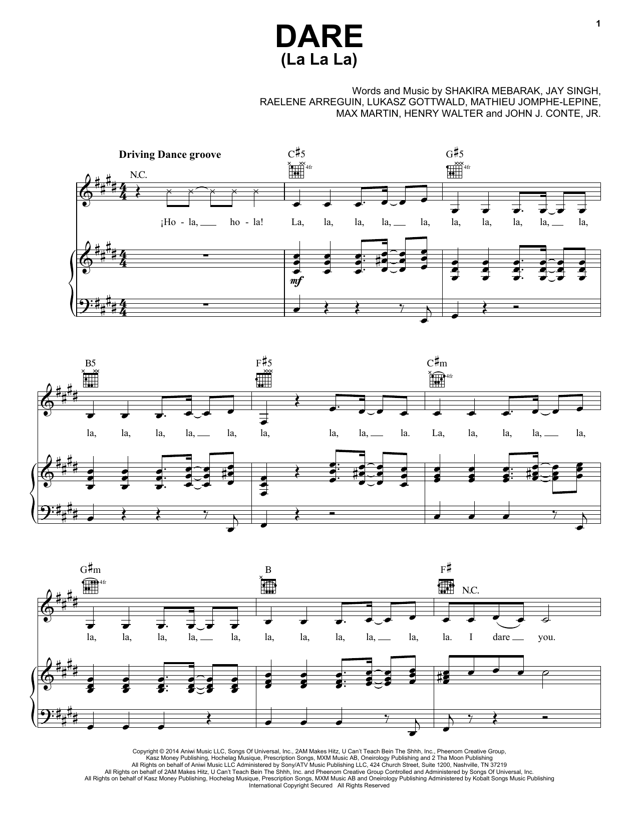 Shakira Dare (La La La) sheet music notes and chords. Download Printable PDF.