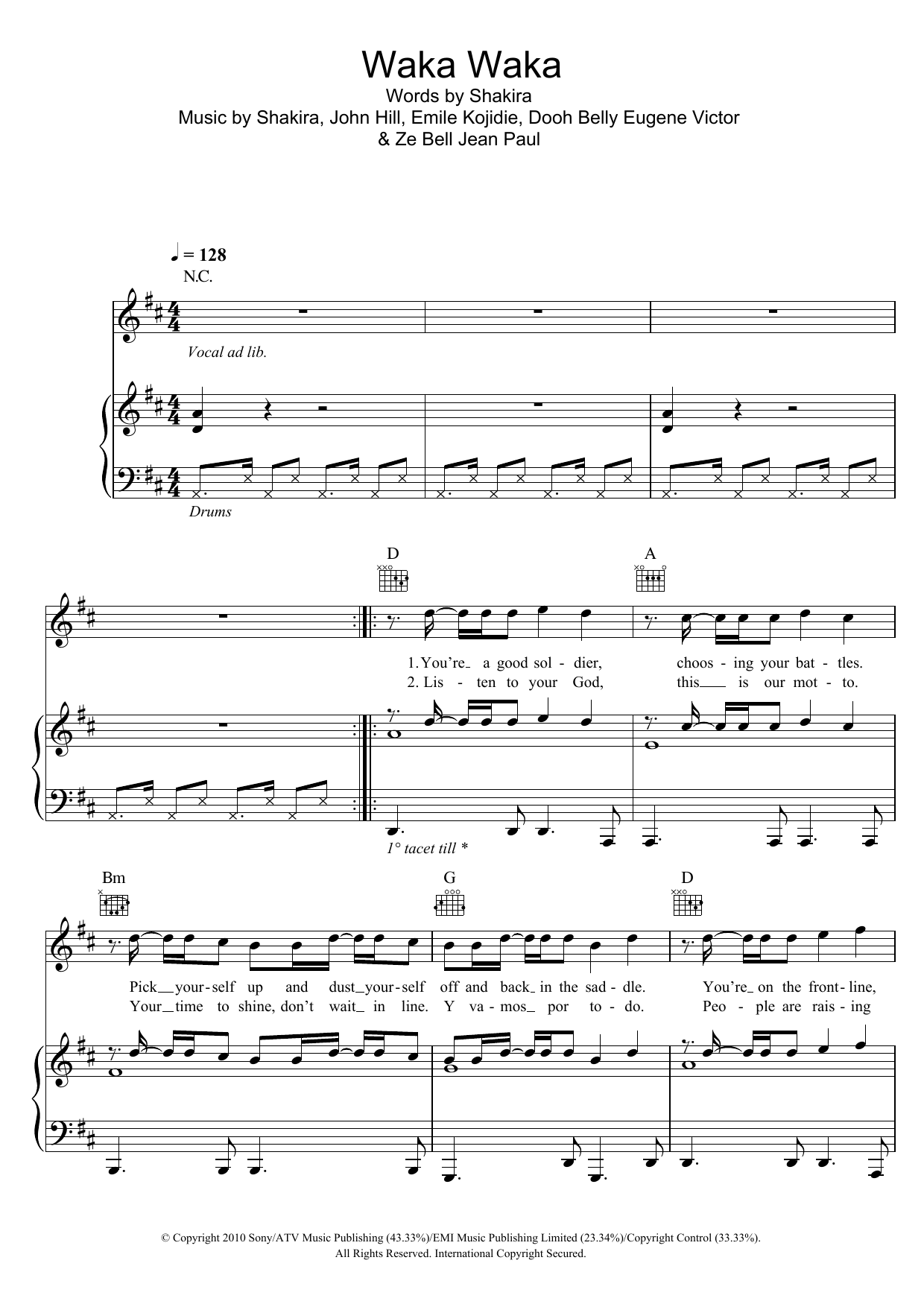 Shakira Waka Waka (This Time For Africa) (feat. Freshlyground) sheet music notes and chords. Download Printable PDF.