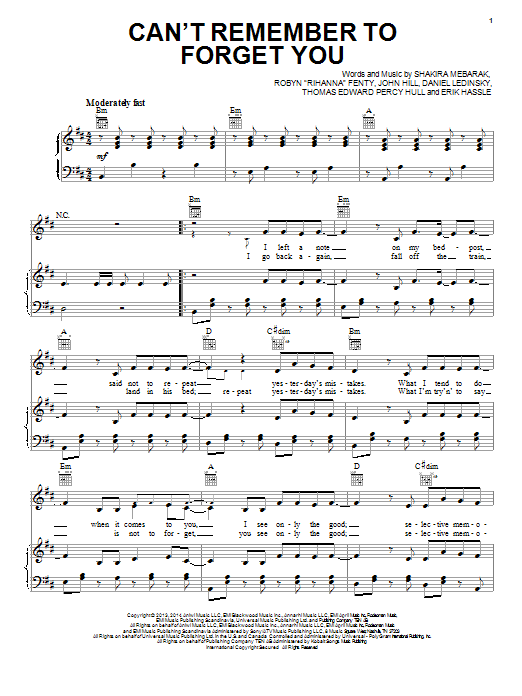 Shakira Can't Remember To Forget You (feat. Rihanna) sheet music notes and chords arranged for Piano, Vocal & Guitar Chords (Right-Hand Melody)