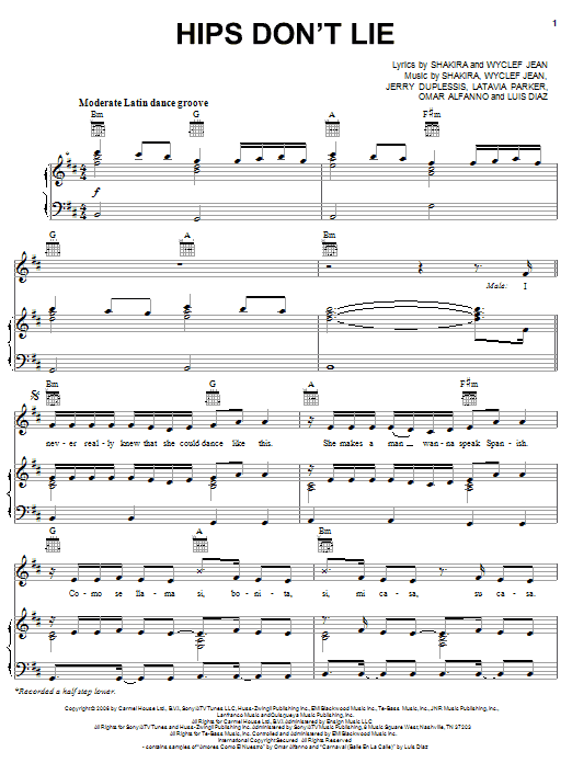 Shakira featuring Wyclef Jean Hips Don't Lie sheet music notes and chords. Download Printable PDF.