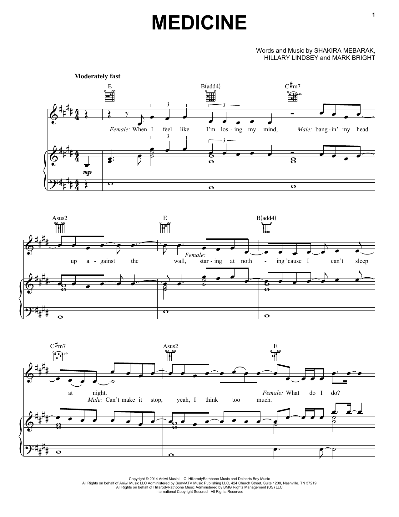 Learn to play Shakira Medicine sheet music for Piano, Vocal & Guitar Chords (Right-Hand Melody) in minutes. Price: 7.8900$ Shakira Medicine sheet music notes and chords arranged for Piano, Vocal & Guitar Chords (Right-Hand Melody)