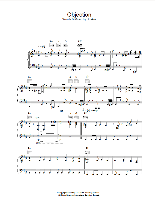 Learn to play Shakira Objection (Tango) sheet music for Piano, Vocal & Guitar Chords in minutes. Price: 7.8900$ Shakira Objection (Tango) sheet music notes and chords arranged for Piano, Vocal & Guitar Chords