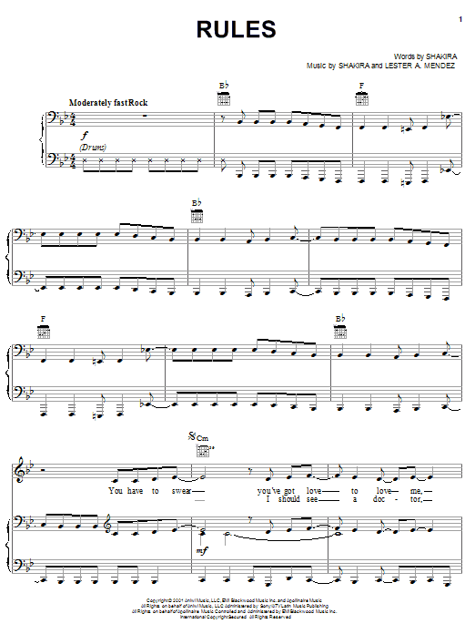 Learn to play Shakira Rules sheet music for Piano, Vocal & Guitar Chords (Right-Hand Melody) in minutes. Price: 7.8900$ Shakira Rules sheet music notes and chords arranged for Piano, Vocal & Guitar Chords (Right-Hand Melody)