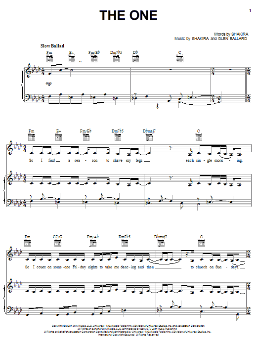 Learn to play Shakira The One sheet music for Piano, Vocal & Guitar Chords (Right-Hand Melody) in minutes. Price: 7.8900$ Shakira The One sheet music notes and chords arranged for Piano, Vocal & Guitar Chords (Right-Hand Melody)