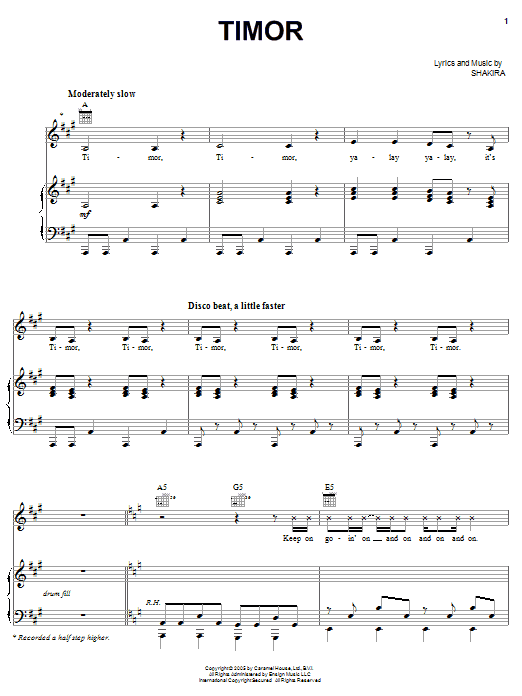 Shakira Timor sheet music notes and chords arranged for Piano, Vocal & Guitar Chords (Right-Hand Melody)