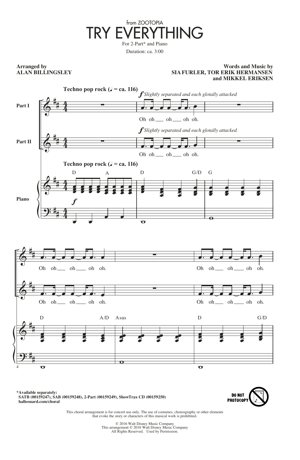 Shakira Try Everything (from Zootopia) (arr. Alan Billingsley) sheet music notes and chords arranged for 2-Part Choir