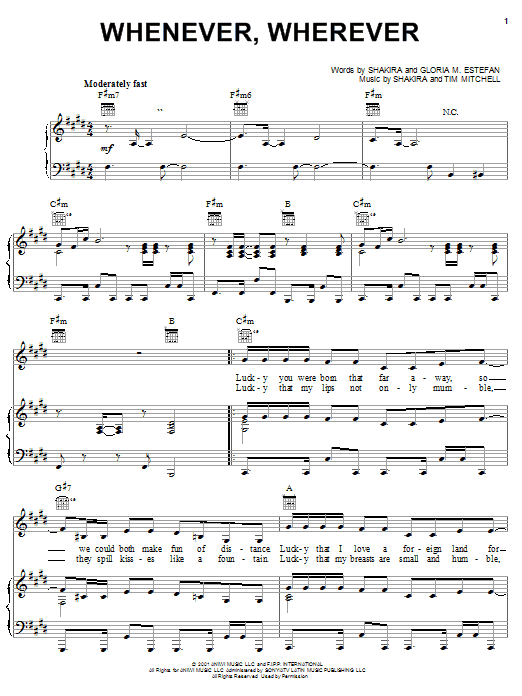 Shakira Whenever, Wherever sheet music notes and chords. Download Printable PDF.