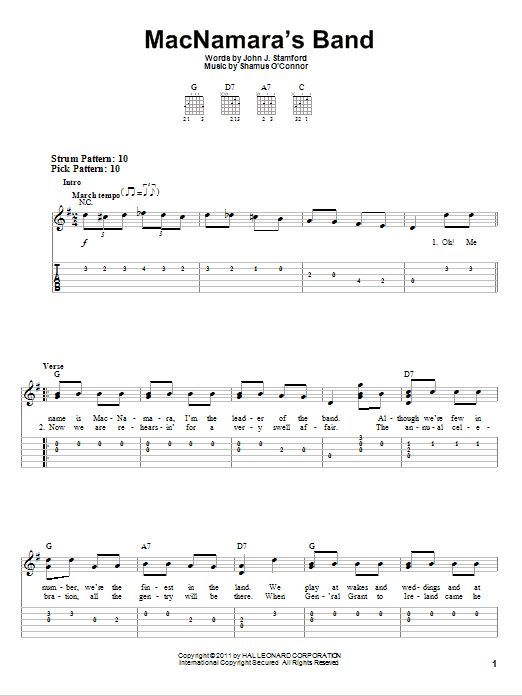 Learn to play Shamus O'Connor MacNamara's Band sheet music for Ukulele in minutes. Price: 5.9900$ Shamus O'Connor MacNamara's Band sheet music notes and chords arranged for Ukulele
