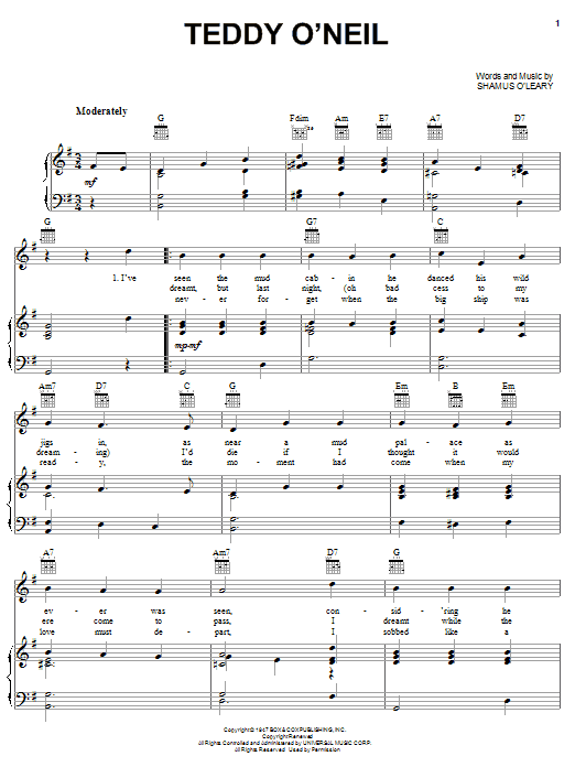 Learn to play Shamus O'Leary Teddy O'Neil sheet music for Piano, Vocal & Guitar Chords (Right-Hand Melody) in minutes. Price: 7.8900$ Shamus O'Leary Teddy O'Neil sheet music notes and chords arranged for Piano, Vocal & Guitar Chords (Right-Hand Melody)
