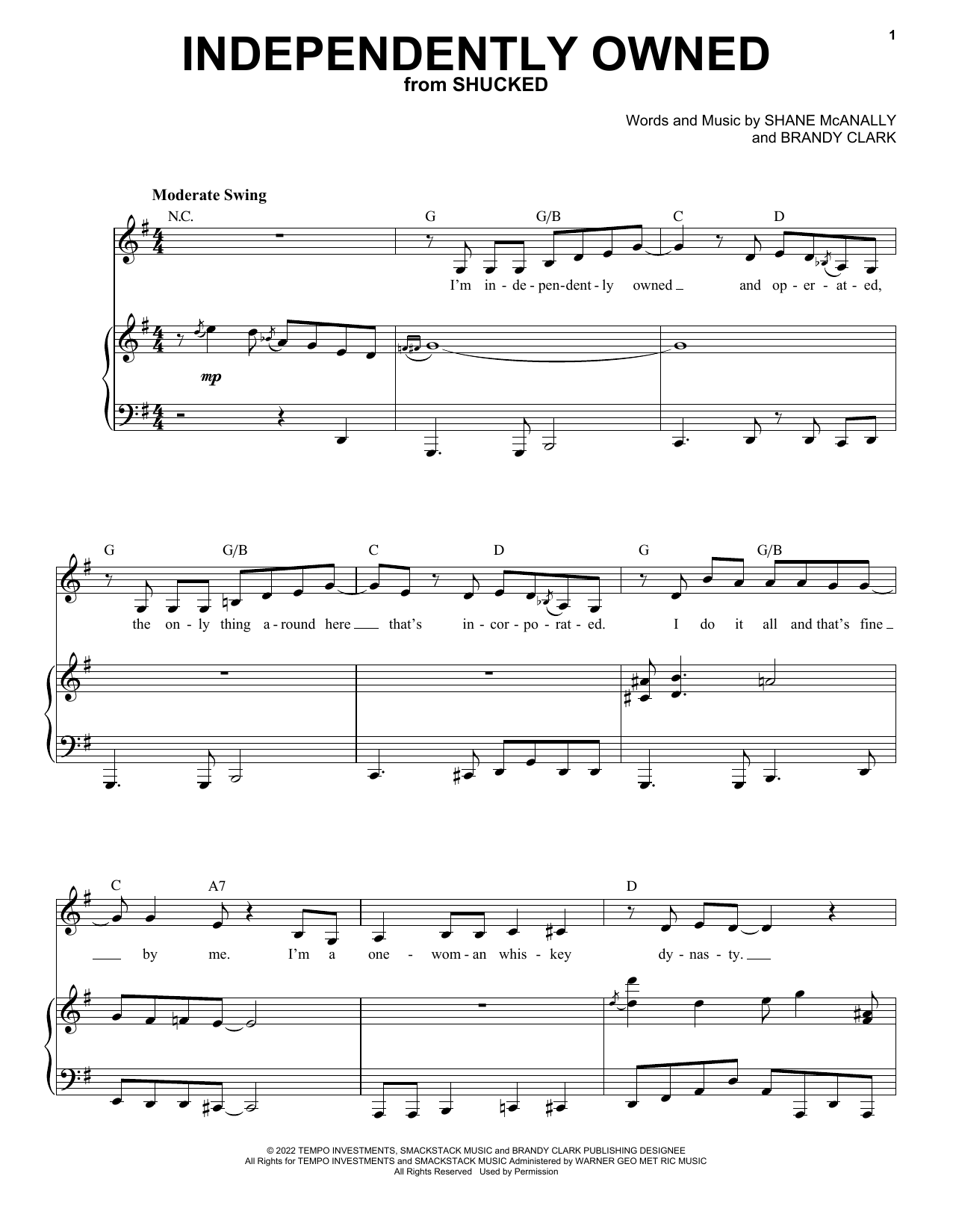 Shane McAnally and Brandy Clark Independently Owned (from Shucked) sheet music notes and chords. Download Printable PDF.