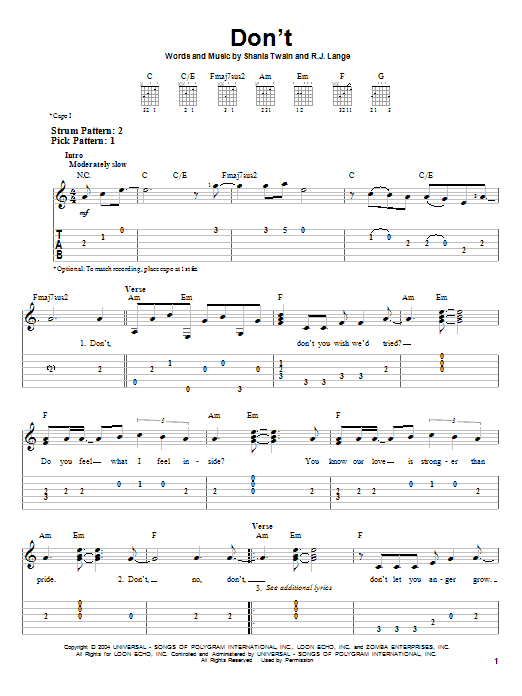 Shania Twain Don't! sheet music notes and chords. Download Printable PDF.