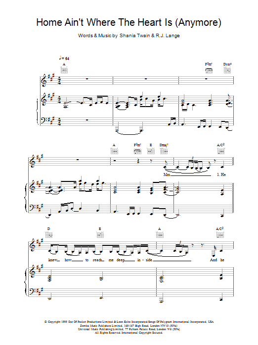Learn to play Shania Twain Home Ain't Where His Heart Is (Anymore) sheet music for Piano, Vocal & Guitar Chords in minutes. Price: 7.8900$ Shania Twain Home Ain't Where His Heart Is (Anymore) sheet music notes and chords arranged for Piano, Vocal & Guitar Chords