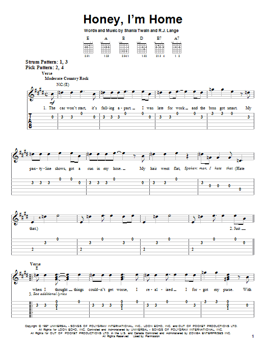 Shania Twain Honey, I'm Home sheet music notes and chords. Download Printable PDF.