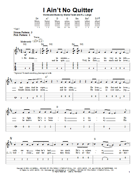 Shania Twain I Ain't No Quitter sheet music notes and chords. Download Printable PDF.