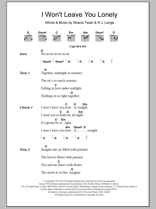 Shania Twain I Won't Leave You Lonely sheet music notes and chords arranged for Piano Chords/Lyrics