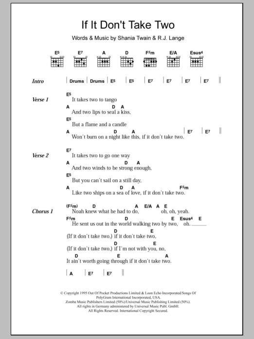 Learn to play Shania Twain If It Don't Take Two sheet music for Piano, Vocal & Guitar Chords in minutes. Price: 7.8900$ Shania Twain If It Don't Take Two sheet music notes and chords arranged for Piano, Vocal & Guitar Chords