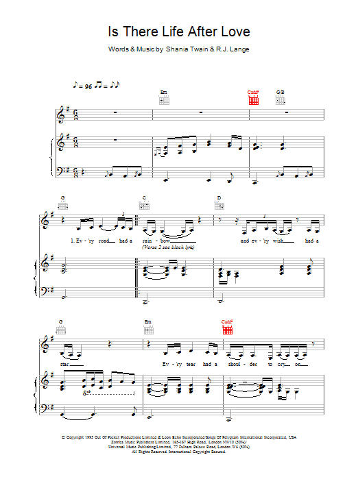 Learn to play Shania Twain Is There Life After Love sheet music for Piano, Vocal & Guitar Chords in minutes. Price: 7.8900$ Shania Twain Is There Life After Love sheet music notes and chords arranged for Piano, Vocal & Guitar Chords