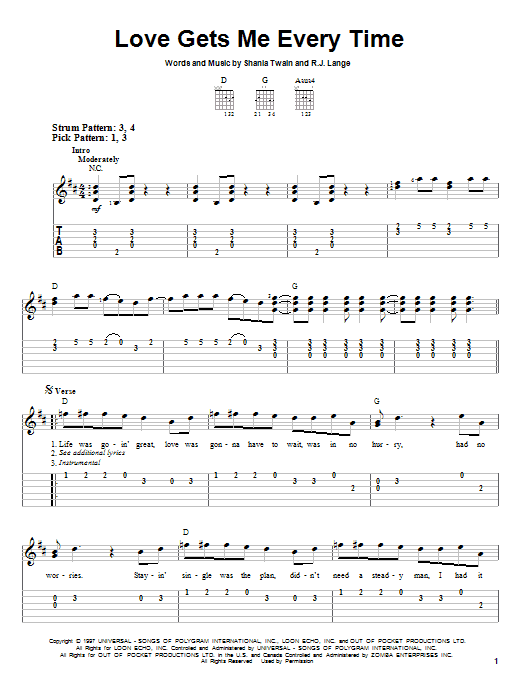 Shania Twain Love Gets Me Every Time sheet music notes and chords. Download Printable PDF.