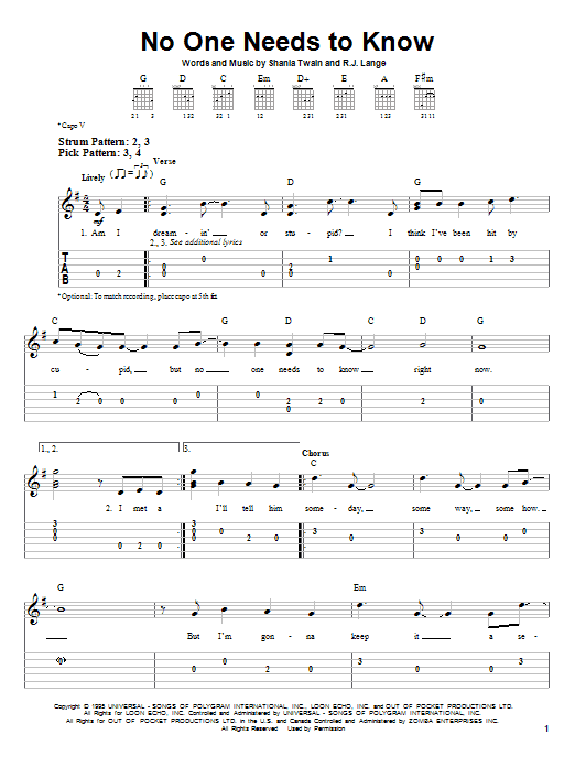 Shania Twain No One Needs To Know sheet music notes and chords. Download Printable PDF.