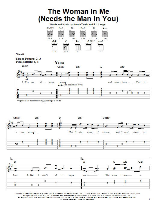 Shania Twain The Woman In Me (Needs The Man In You) sheet music notes and chords. Download Printable PDF.