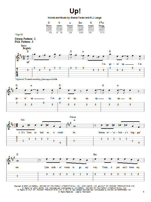 Shania Twain Up! sheet music notes and chords. Download Printable PDF.