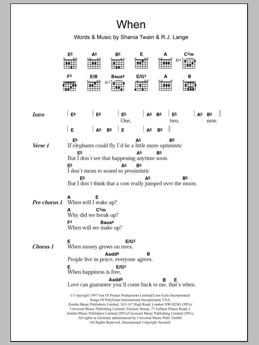 Shania Twain When sheet music notes and chords arranged for Piano, Vocal & Guitar Chords