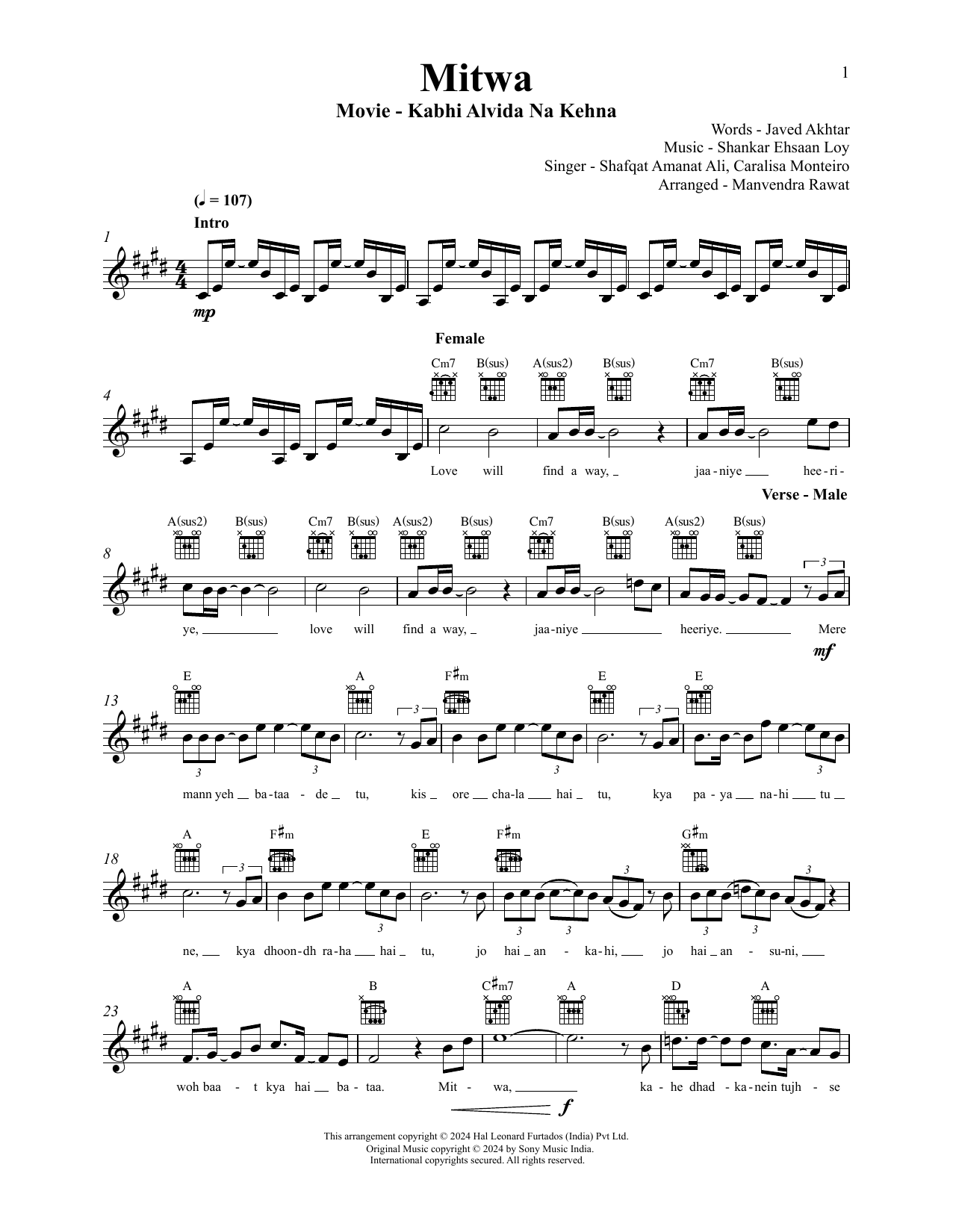 Shankar-Ehsaan-Loy Mitwa (from Kabhi Alvida Naa Kehna) sheet music notes and chords. Download Printable PDF.