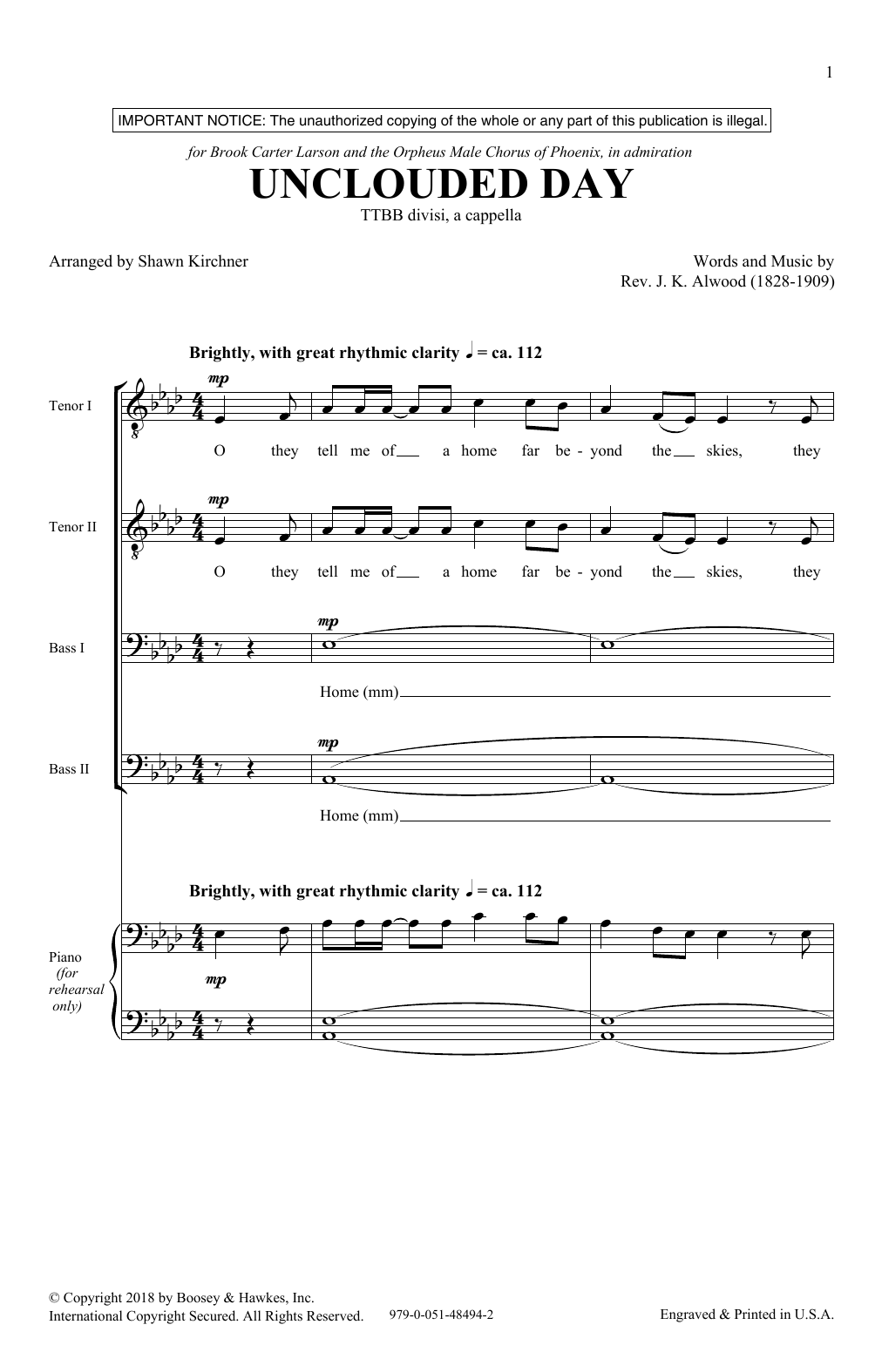 Shawn Kirchner Unclouded Day (from Heavenly Home: Three American Songs) sheet music notes and chords. Download Printable PDF.