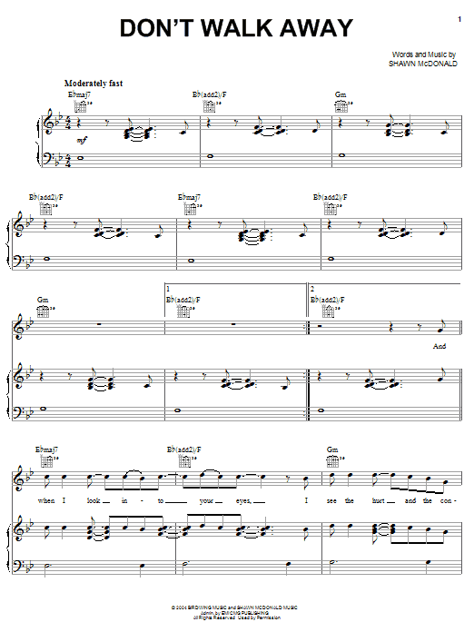Learn to play Shawn McDonald Don't Walk Away sheet music for Piano, Vocal & Guitar Chords (Right-Hand Melody) in minutes. Price: 7.8900$ Shawn McDonald Don't Walk Away sheet music notes and chords arranged for Piano, Vocal & Guitar Chords (Right-Hand Melody)