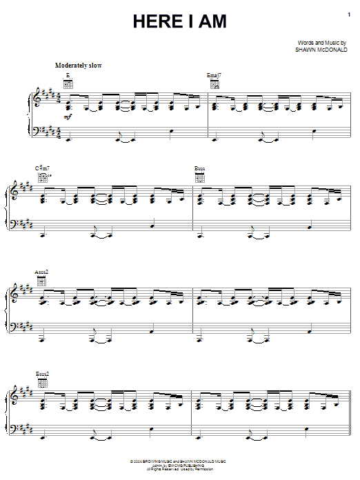 Learn to play Shawn McDonald Here I Am sheet music for Piano, Vocal & Guitar Chords (Right-Hand Melody) in minutes. Price: 7.8900$ Shawn McDonald Here I Am sheet music notes and chords arranged for Piano, Vocal & Guitar Chords (Right-Hand Melody)